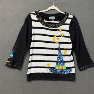 Vintage Berek Women's Sweater Striped Black & White Sweater Sequined Witch Hat S